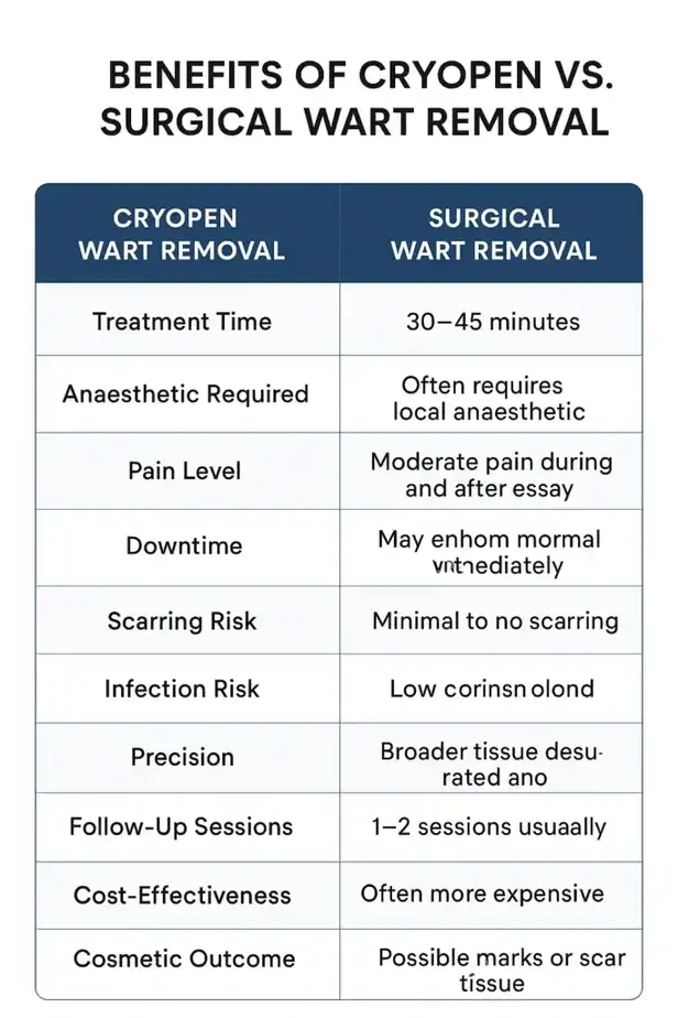 Table showing the benefits of cryopen to remove warts Bexley compared to surgical treatment